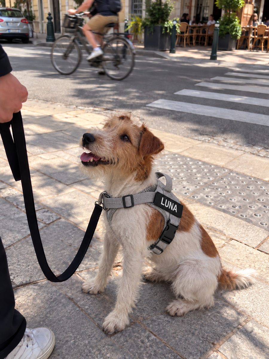 Chien avec harnais Tracky personnalisé